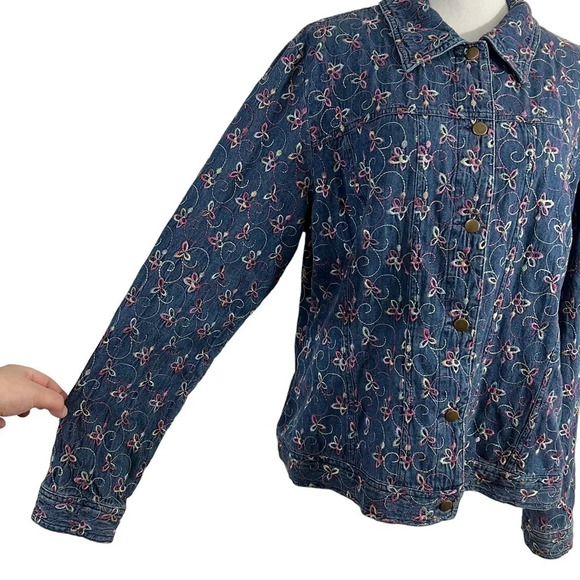 Leslie Fay Denim Shacket Floral Button Up Colorful Embroidery 100% Cotton Collar - Picture 7 of 13